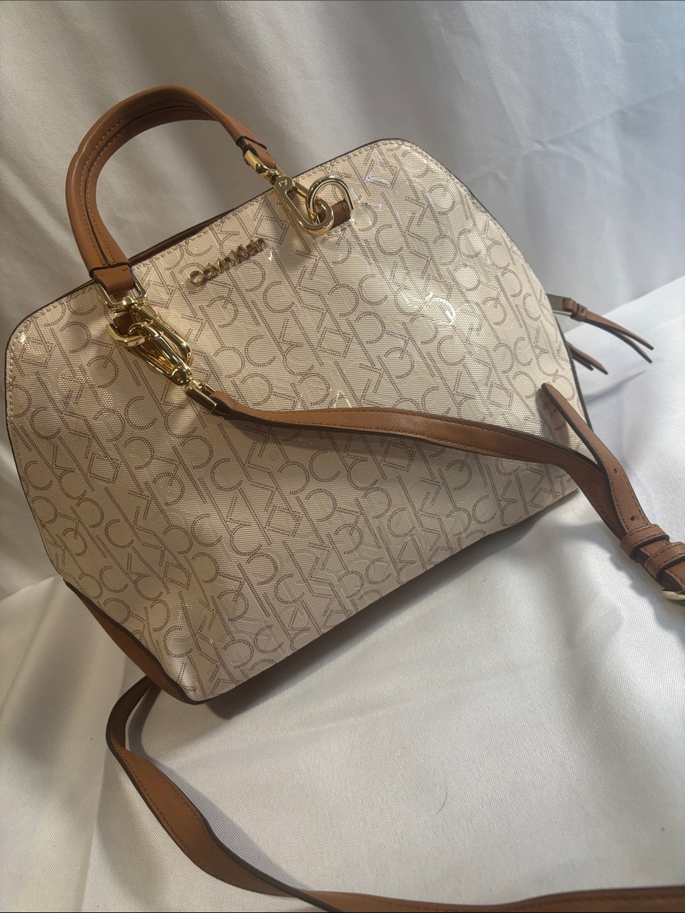 Calvin Klein Cream Signature Satchel with Brown Trim